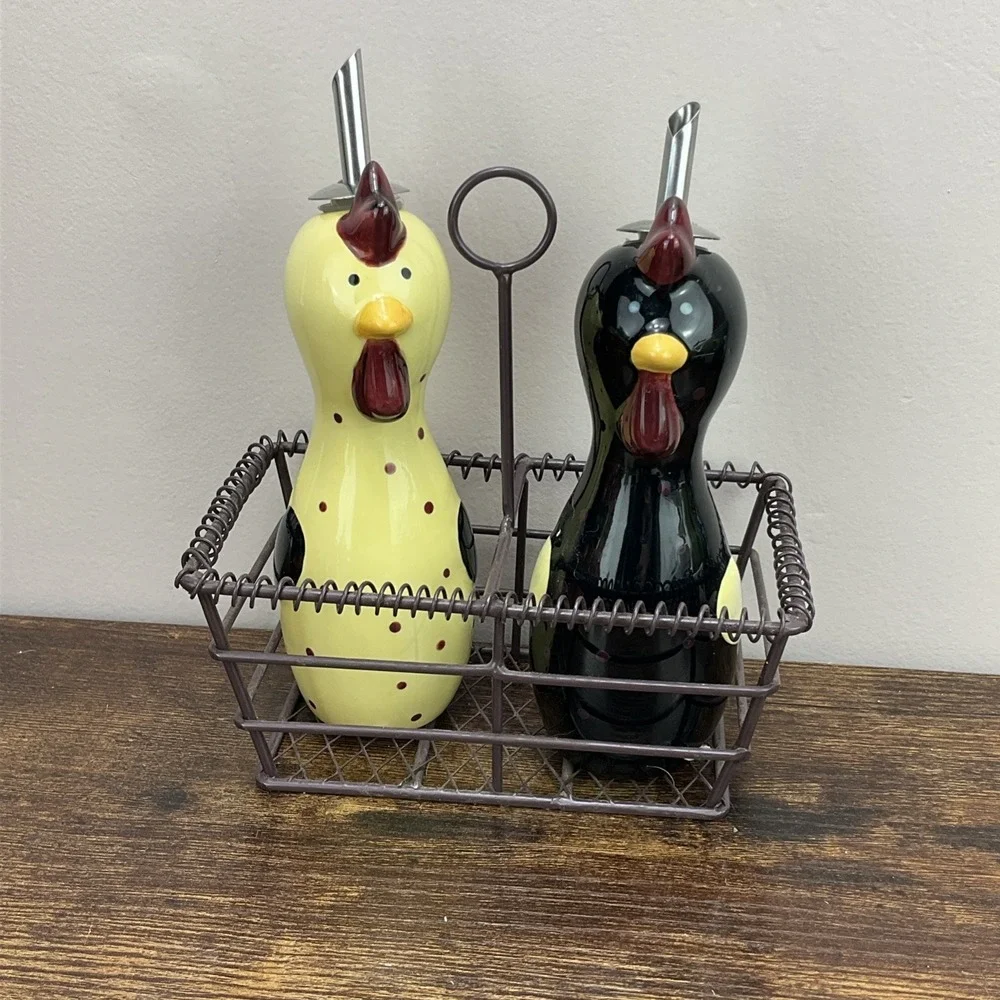 Bonne Lynn Chicken Rooster Figural Oil Vinegar Cruet Set With Basket Holder